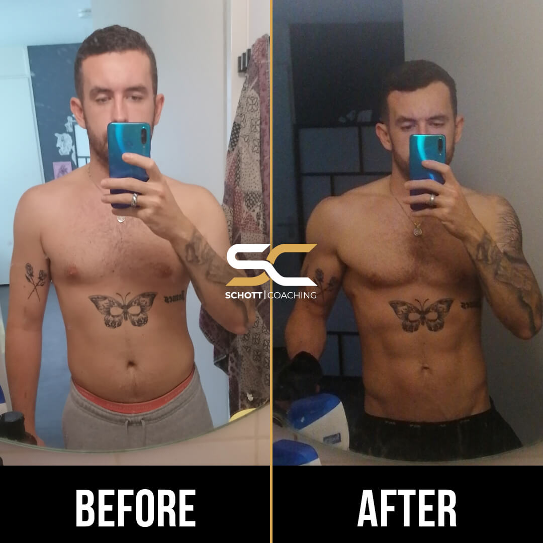 Voor-en-na-foto van lichaamstransformatie van een man die met behulp van transformatiecoaching nu een strak lichaam met sixpack heeft.