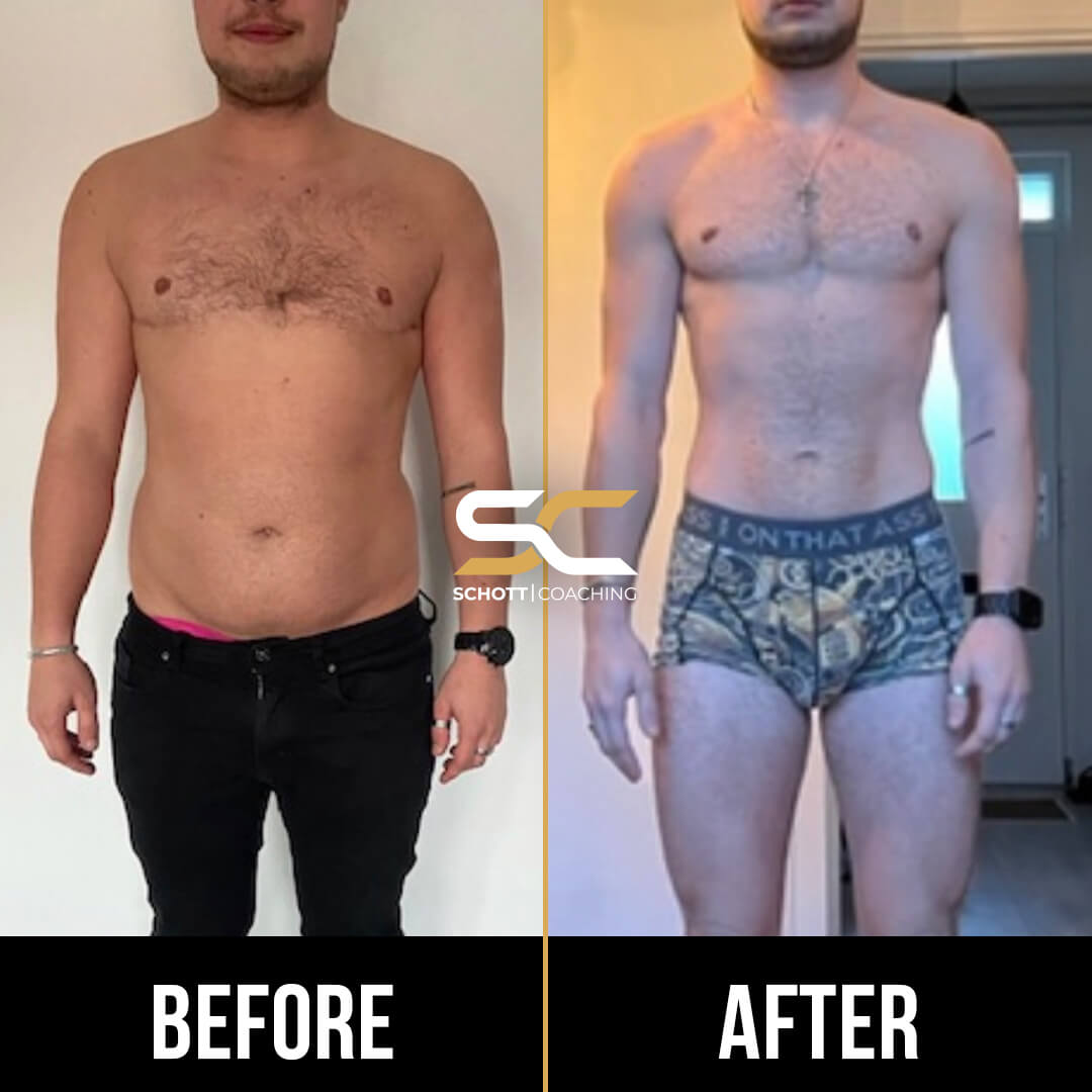Online fitness coaching progressie. Man kon snel fit worden. Hij verliest gewicht door transformatiecoaching en heeft nu een gespierd lichaam.