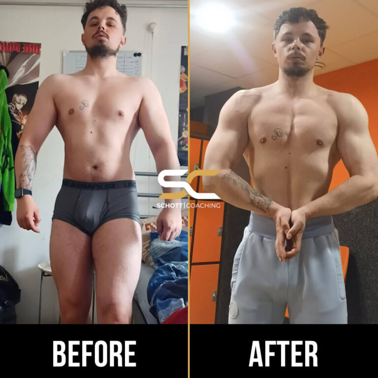 Levensveranderende lichaamstransformatie. Voor-en-na-foto van transformatie coaching proces. Man verliest vet en komt aan in spiermassa.